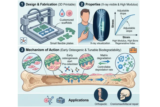 Early Osteogenic, X-ray visible, and 3D Printable Fixators for diabetic Orthopedic and Craniomaxillofacial repair with Tunable Biodegradability, Modulus and High Bone Regenerative Index