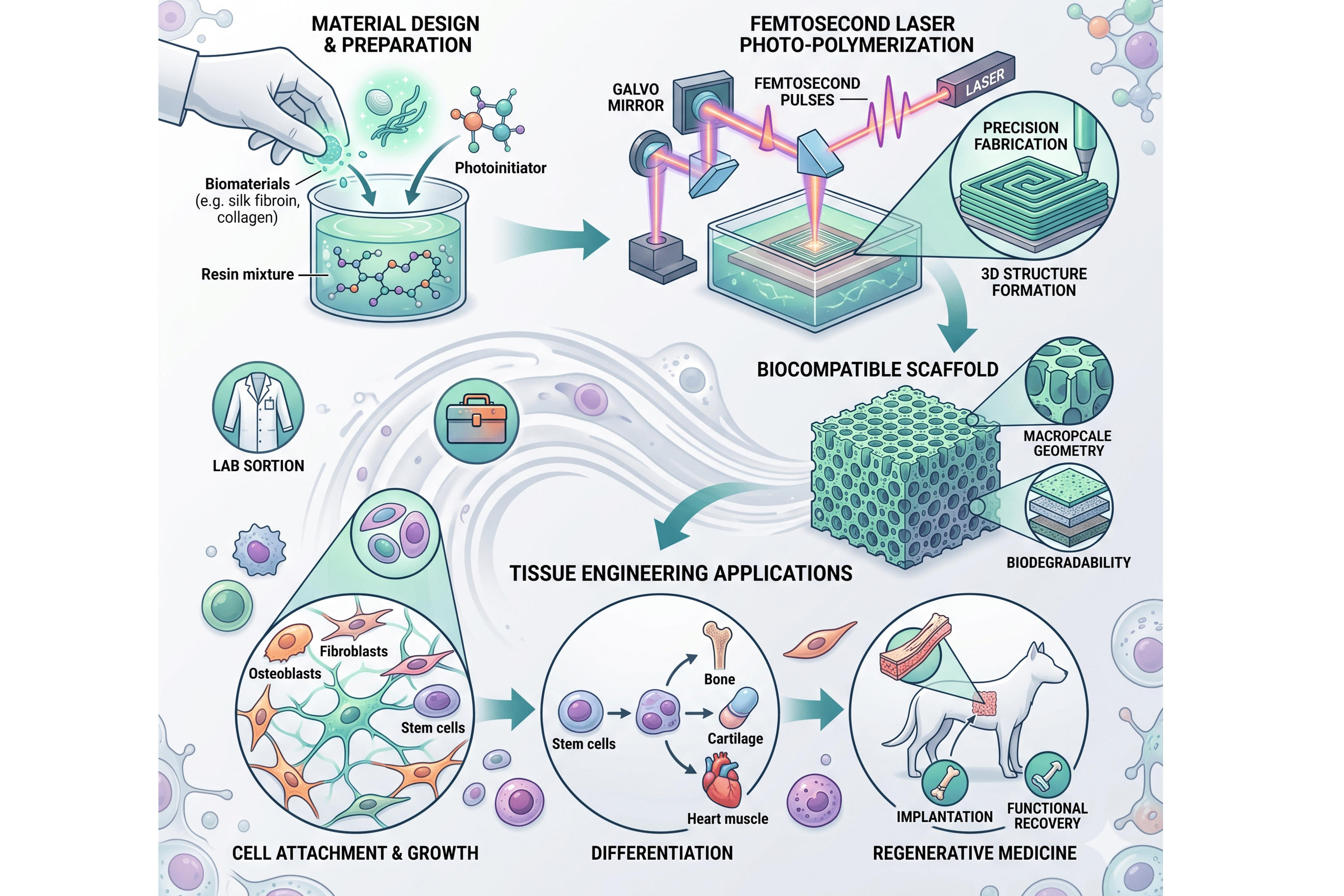 Biocompatible 3D Scaffolding through Femtosecond Laser Photo- polymerization for Tissue Engineering and Regenerative Medicine
